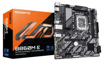 Produktbild von GIGABYTE B860M E Mainboard - Intel Core Ultra Series CPUs, 4+1+2 Phasen VRM, bis zu 8800MHz DDR5 (O.C), 2xPCIe 4.0 M.2, 1GbE LAN, USB 3.2 Gen 1, Intel, LGA 1851 (Socket V1), Intel Core Ultra (Series 2), LGA 1851, DDR5-SDRAM, 128 GB