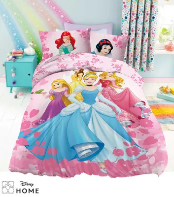 A Disney Princess themed bedding set displayed on a bed.