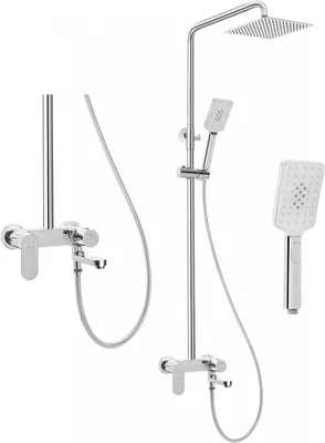 A set of chrome shower fixtures against a white background.