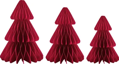 Three red honeycomb paper Christmas trees of varying sizes are displayed against a white background.