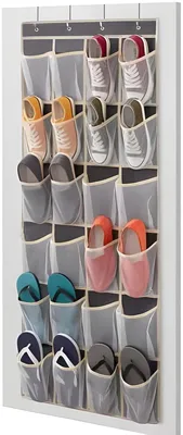 Produktbild von PolkaHome® Hängender Schuh-Organizer mit 24 Mesh-Fächern und 4 Metallhaken – Grau, 143x56x22 cm