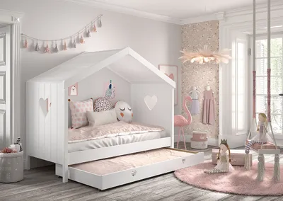 Image de Lit de maison Vipack Amori avec surface de couchage 90 x 200 cm, incl. sommier à lattes et tiroir de lit, finition en pin et MDF laqué blanc