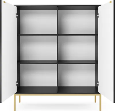 An empty, open cabinet with multiple shelves, standing on gold legs against a white background.