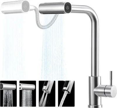 A stainless steel kitchen faucet with a pull-out spray head, shown with water spraying from multiple nozzles. Four smaller inset images at the bottom demonstrate different spray patterns.