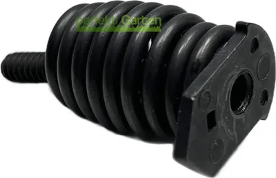 A black spring with a threaded bolt on one end and a plastic mount on the other, isolated on a white background.