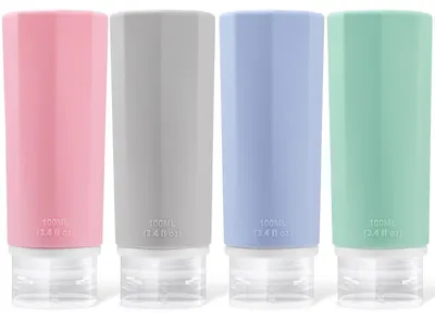 Immagine prodotto di Set di 4 flaconi da viaggio in silicone, capacità 100 ml, ricaricabili, a prova di perdite, disponibili nei colori blu, verde, rosa e grigio
