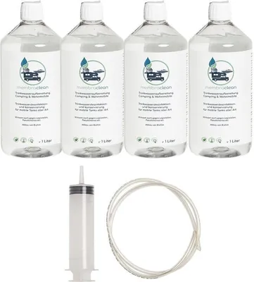 Produktbild von 4x 1 Liter membraclean Trinkwasseraufbereitung Camping & Wohnmobile inkl. Befüllset - Einsteigerpaket