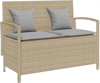 Produktbild von Gartenbank mit Stauraum und Kissen Beige PE-Rattan wetterfeste Sitzbank mit Armlehne und Rückenlehne, klappbar, 111x56x87 cm, Outdoor Zweisitzer für Terrasse Balkon Garten