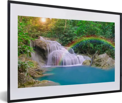 Produktbild von MuchoWow® Gerahmtes Poster Regenbogen - Sonne - Wasserfall - Natur 60x40 cm - Poster mit Schwarzem Bilderrahmen Wandposter Rahmen Foto Bilder - Schlafzimmer - Plakat in Rahmen - Drucken