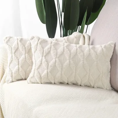 Produktbild von Set mit 2 weichen, plüschigen Dekokissenbezügen aus Samt,  Kissenbezüge für Sofa und Schlafzimmer, 40 x 80 cm, hellbeige