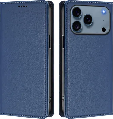 Image de Etui en cuir pour iPhone 17 Pro, étui magnétique en cuirPolyuréthaneavec support Bleu foncé