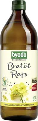 A bottle of cooking oil with a label showing the brand, product name, and an illustration of rapeseed flowers.
