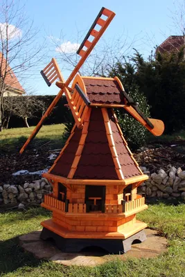 Image de Moulin à vent hollandais XL en bois 130 cm – ailes pivotantes – toit en bardeaux bitumés rouges