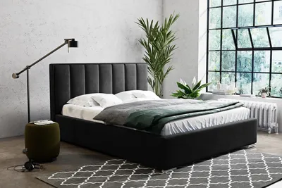 Produktbild von Polsterbett Cinco, Bett mit vertikalen Paneelen, velour Doppelbett mit Metallrahmen (Stoff: kronos 07 - schwarz, Große: 180x200 cm)