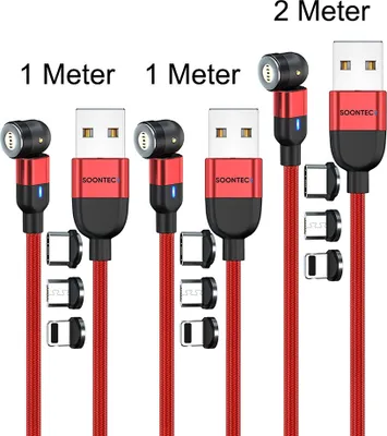Produktbild von Magnet Ladekabel 3er Set (2 Meter+1 Meter+1 Meter) SOONTEC Datenkabel Magnetladekabel drehbar 360°&180° mit je 3 Stecker Micro USB/ USB-C/ Lightning 3,0 A Ladekabel (Rot)