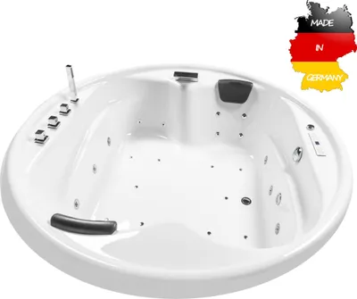 Produktbild von Basera CLASSIC Indoor Podest-Whirlpool Badewanne XXL Gomera Rund 182 x 182 cm mit 28 Massagedüsen, Wasserfall, LED-Ambiente, Touchpanel, Bluetooth und Radio