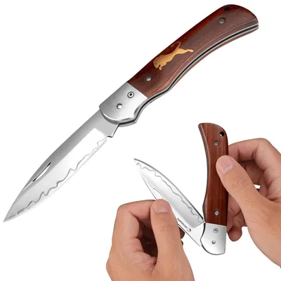 Produktbild von Klappmesser Zweihandmesser 440C Stahl Holzgriff §42a Konform Camping EDC
