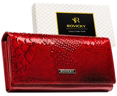 Zdjęcie produktu dla Czerwony portfel damski z lakierowanej skóry naturalnej zamykany na zatrzask - Rovicky