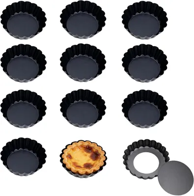 Produktbild von Kuchenformen mit abnehmbarem Boden – Set mit 12 Stück – Mini-Quicheformen – 10 cm – Kohlenstoffstahl mit Antihaftbeschichtung – Ideal für Obstkuchen