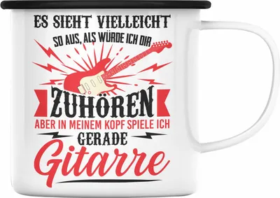 Produktbild von Trendation - Gitarrist Geschenk Gitarre Emaille Tasse mit Spruch - Emaille Emaille Tasse für Gitarrenspieler Geschenkidee (Schwarz)