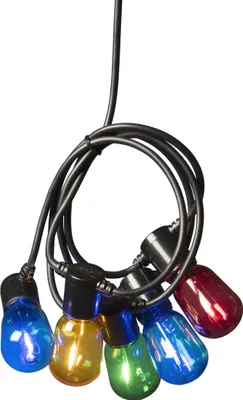 A string of colorful LED bulbs on a black cord, isolated on a white background.