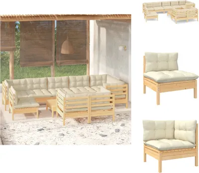 Produktbild von vidaXL 10-tlg. Garten-Lounge-Set mit Creme Kissen Massivholz Kiefer -  Gartenmöbel-Sets