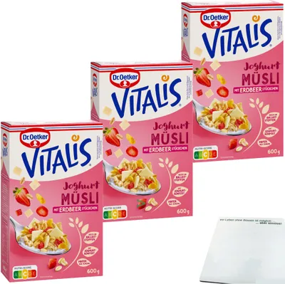 Produktbild von Dr. Oetker Vitalis Joghurtmüsli mit Erdbeerstückchen 3er Pack (3x600g Packung) + usy Block