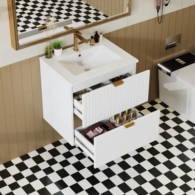 Productafbeelding van Okwish wandgemonteerde wastafelonderkast met 2 stille lades, geïntegreerde wastafel, modern design, wit