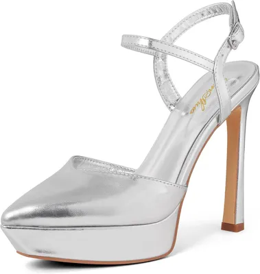 Productafbeelding van Damen Stiletto-Pumps met plateauzool, enkelbandje en puntige neus in zilver, maat 41 EU