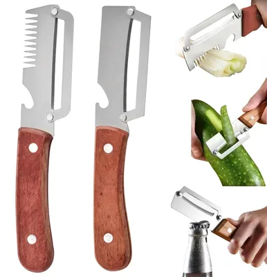 Image de Éplucheur multifonctionnel - 3 en 1 : épluche-légumes avec ouvre-bouteille et manche en bois - Ustensile de cuisine pour fruits et légumes - Lot de 2