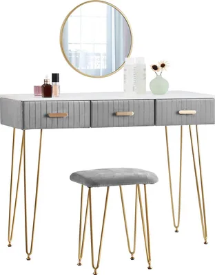 Produktbild von Happyment Schminktisch Deluxe – Inklusive Spiegel und Hocker – Grau – Kinder & Erwachsene – Make-up Tisch