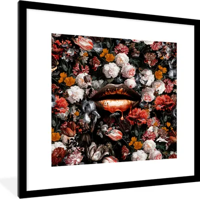 Produktbild von MuchoWow® Gerahmtes Poster Lippen - Blumen - Farbe - Orange - Kunst - Abstrakt - Alte Meister 40x40 cm - Poster mit Schwarzem Bilderrahmen Wandposter Rahmen Foto Bilder - Poster - Plakat im Rahmen