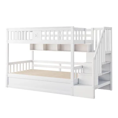 Produktbild von Merax Etagenbett Hochbett 90x200 cm mit hydraulischem Unterbett, Kinderbett mit Stauraumtreppe, Regalfächer, Jugendbett mit Sicherheitsgeländer, Weiß