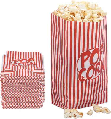 Obrázek produktu pro Sáčky na popcorn Relaxdays, sada 100 ks, pruhované, retro styl, kino, doplňky na filmový večer, papírové, nádoby na popcorn, červené/bílé