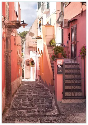 Produktbild von Wallario Premium Glasbild, freischwebende Optik, kräftige Farben, Größe 100 x 70 cm Motiv Südländische Gasse- Italien bei Sonnenschein