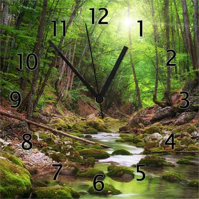 Produktbild von Wallario Design Wanduhr Fluss im Wald aus Echtglas, Größe 30 x 30 cm