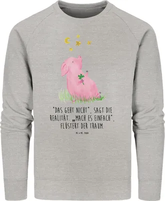Produktbild von Mr. & Mrs. Panda Baumwoll Pullover Schwein Glück Größe L - Heather Grey - Geschenk, Sterne, Sweatshirt, Ziele, Glücksbringer, Lustige Sprüche, Bio, Motivation, Träume