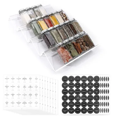 Produktbild von Gewürzregal mit Schubladeneinsatz, inklusive 28 Gewürzgläsern, 348 Gewürzetiketten und einem 4-stöckigen, transparenten Acryleinsatz für Küche, Schrank oder Arbeitsplatte.
