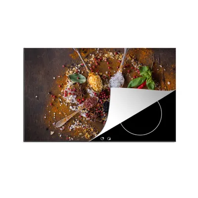 Produktbild von KitchenYeah© Herdabdeckplatte Gewürze - Kräuter - Löffel - Salz - Braun - Küche , 81x52cm, Küche Deko, Glaskeramikkochfeld Herdabdeckung, Abdeckplatte fùr Kochfeld