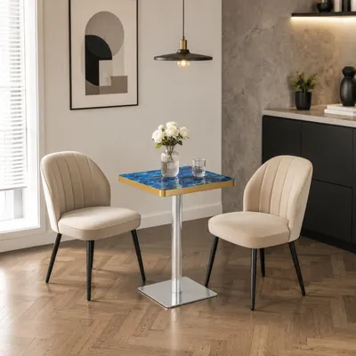 Obrázek produktu pro Sada stolku a židlí, kulatý stolek o průměru 60 cm, materiál MDF, 2 sametové židle, opěradlo ve tvaru okvětního lístku (modrá barva)