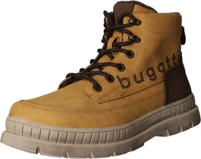 A single tan lace-up boot with brown accents and laces, set against a white background.
