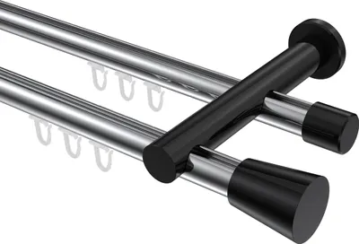 Produktbild von Interdeco Innenlaufstange / Gardinenstange mit Innenlauf Chrom / Schwarz, Typ Platon Sitra (Konus), 20 mm Ø 2-läufig, 200 cm