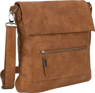 A brown leather shoulder bag is shown against a white background.