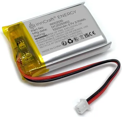 Immagine prodotto di Batteria ai polimeri di litio innCraft Energy 1000mAh 3,7V, modello 102535 con connessione 2P Molex 51021-020 passo 1,25 mm
