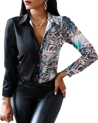 Produktbild von ASKSA Damen Bluse V-Ausschnitt Drucken Patchwork Hemd Elegant Button Tunika Langarm, Blau weiß Schlangendruck, M