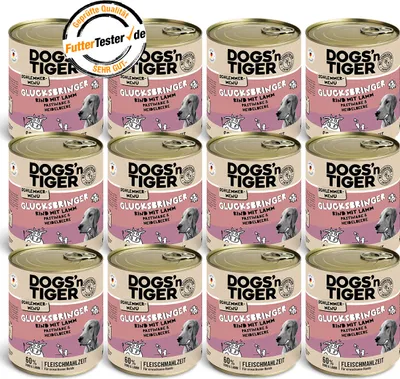 Produktbild von Dogs’n Tiger Adult Hundefutter, Glücksbringer, Nassfutter, Getreidefrei, Rind, Lamm, Pastinake & Heidelbeeren, 12x800g