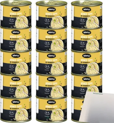 Produktbild von Menzi Hühner Suppe mit Fadennudeln 3er Pack (15x200ml Dose) + usy Block