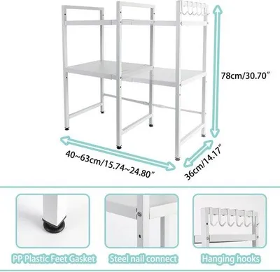 Immagine prodotto di Scaffale a 3 ripiani per microonde, organizer, scaffale da cucina, bianco, 8 ganci