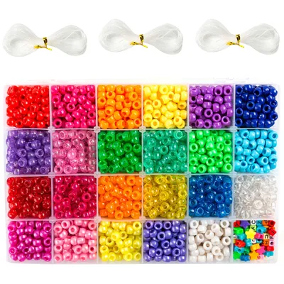 Produktbild von 3300 Stück Pony Beads Perlen Set – 23 Farben, Glitzer-, Perlmutt- & Opak-Perlen, Buchstabenperlen & Sternperlen – DIY Bastelset inkl. 3 Fädelschnüren