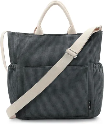 Produktbild von Große Cord-Einkaufstasche für Damen mit verstellbarem Schultergurt für Arbeit, Reisen, Einkaufen, Schule, Uni